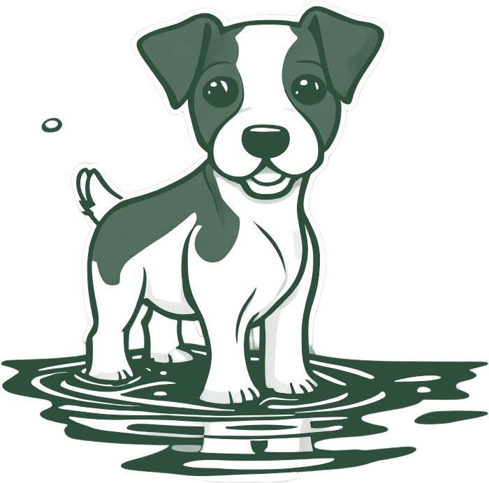 Line drawing of a small dog standing in a puddle
